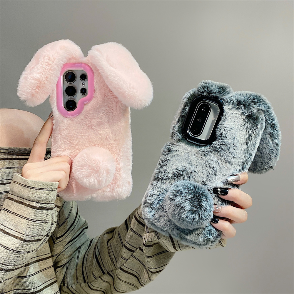 Phone Cases For Samsung - 귀여운 토끼 귀 플러피 스탠드 폰