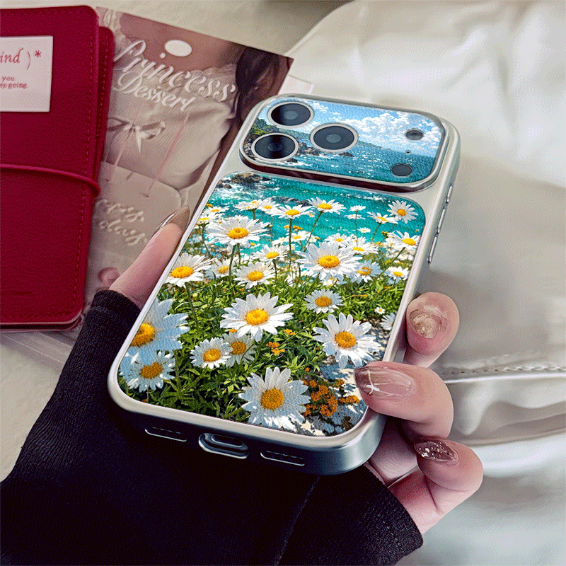 푸른 바다 옆에 피어나는 데이지 꽃무늬 가죽 패턴 아이 - Phone Cases Near 리뷰 및 가격