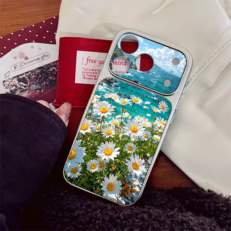 푸른 바다 옆에 피어나는 데이지 꽃무늬 가죽 패턴 아이 - Phone Cases Near 리뷰 및 가격